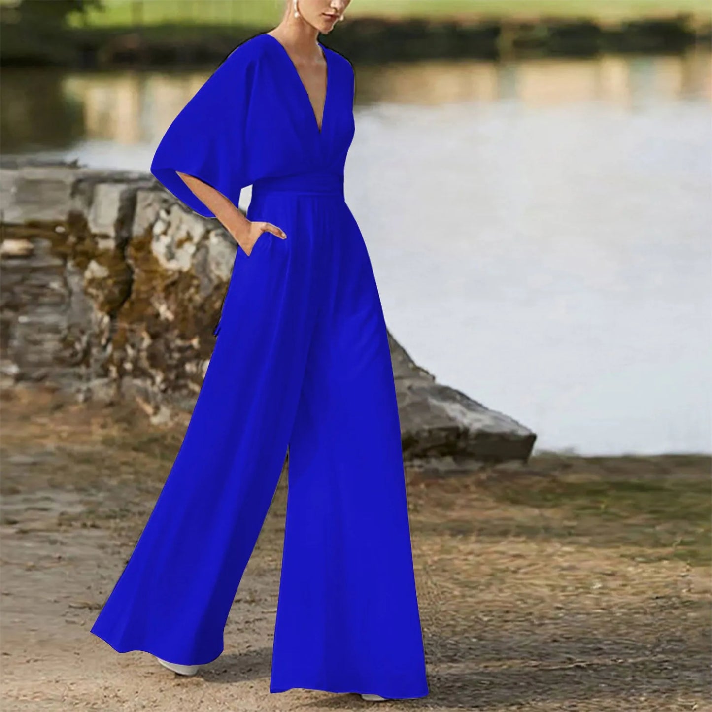 Women's Deep V-Neck Half Sleeve Jumpsuit – Loose Wide Leg One-Piece