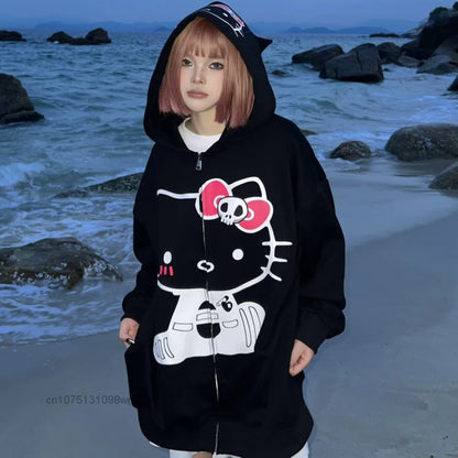 Sanrio Hello Kitty Hoodie Women's Top Zip-up Chic Printed Loose Adult Sweatshirt