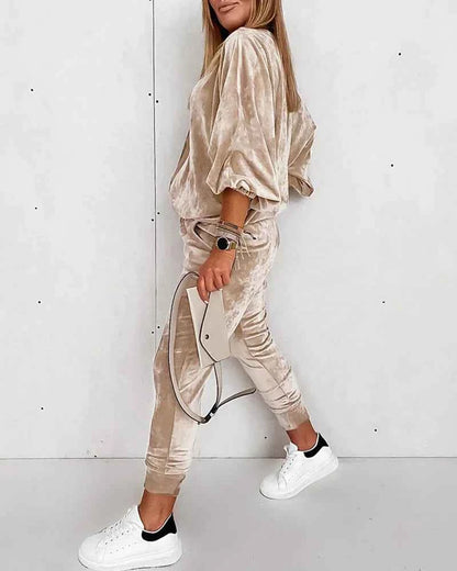 Golden Velvet with Zipper Long-sleeved Jogger Solid Color Casual Suit 2 piece  Set Loungewear