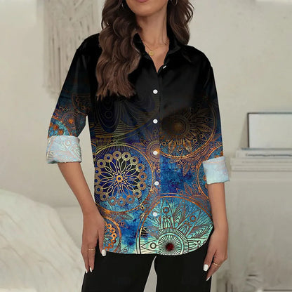 New Plus Size Floral Long Sleeve Blouse with Button Detail for Women