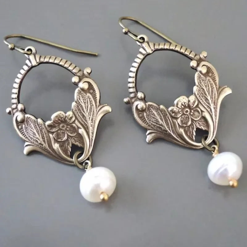Bohemian Pearl Drop Earrings - Silver Plant Pattern