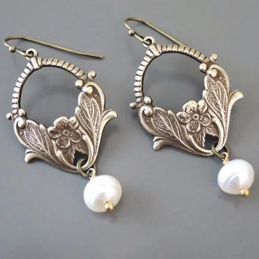 Bohemian Pearl Drop Earrings - Silver Plant Pattern