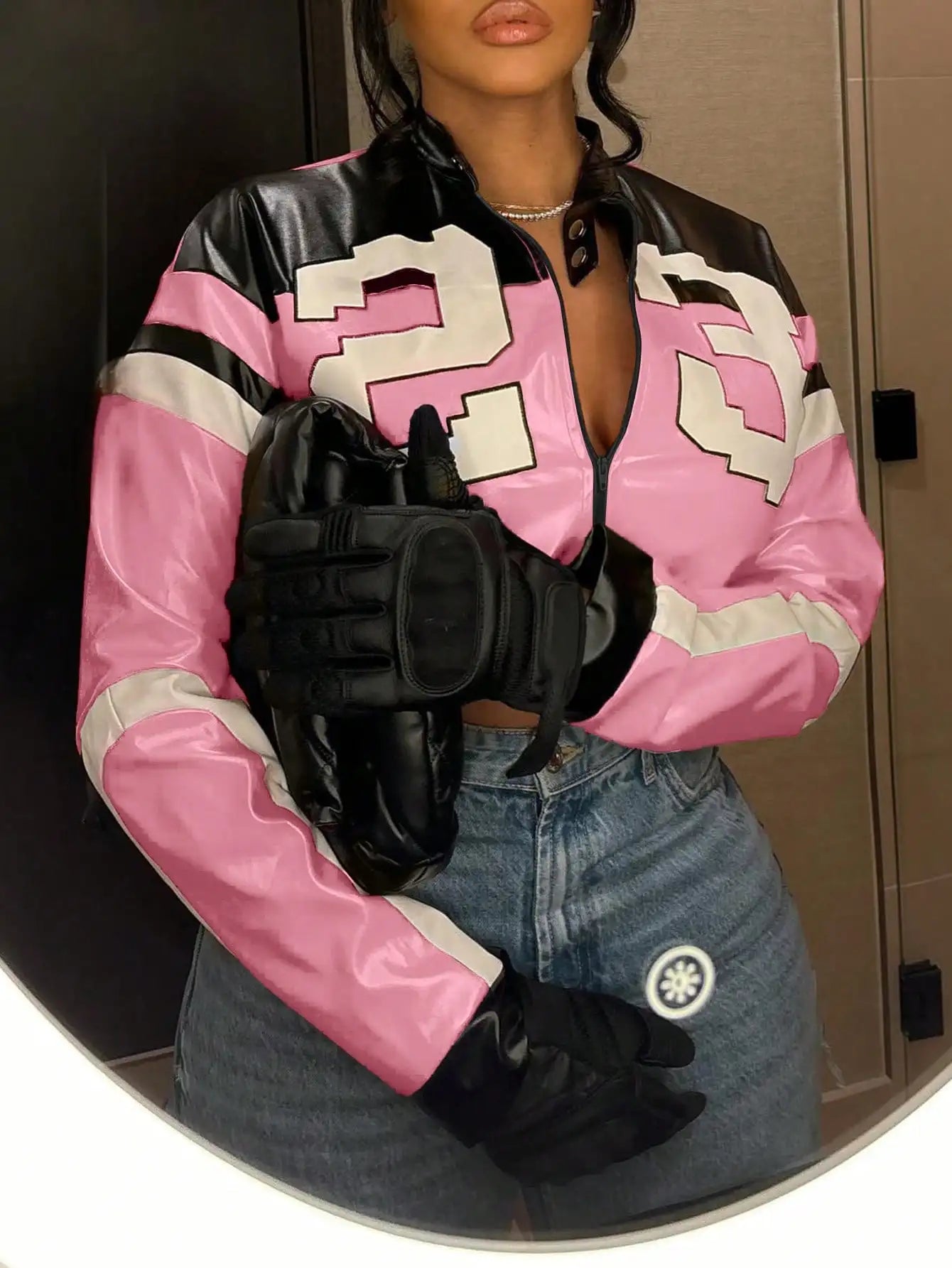 Faux Leather Bomber Jacket - Motorcycle Style