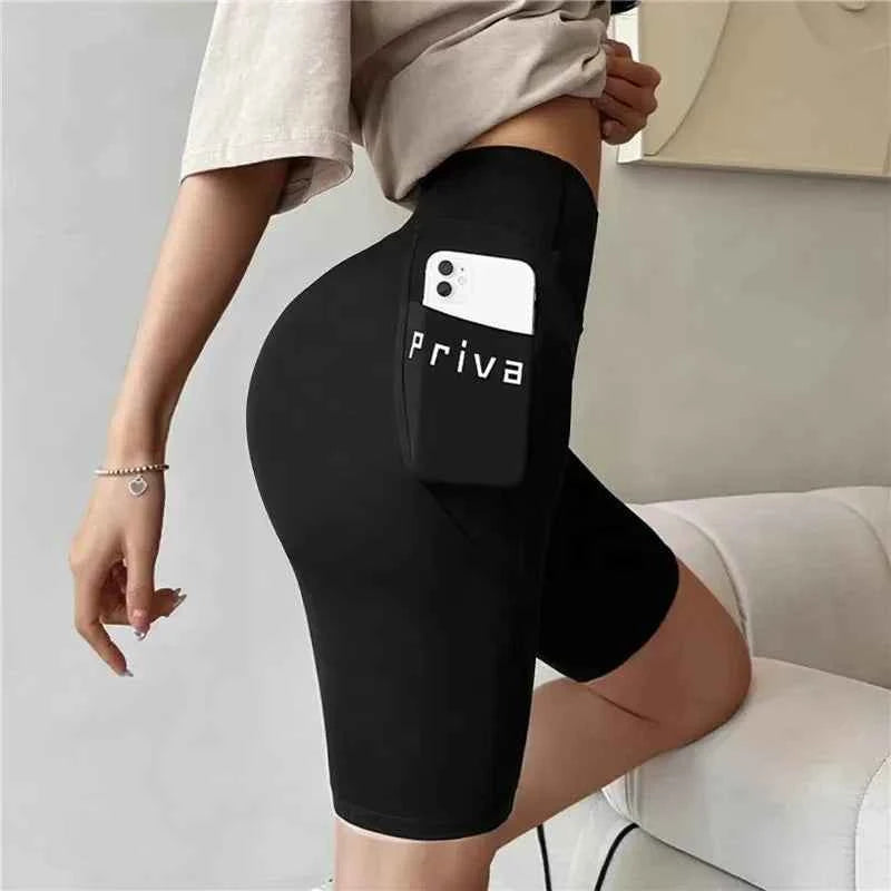 Women's Black High Waist Biker Shorts with Pocket