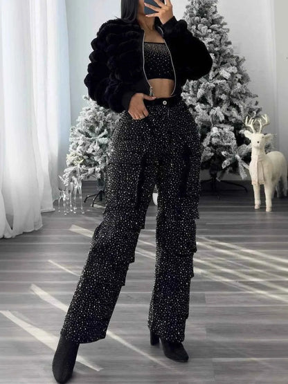 High Waist Black Rhinestone Multi-Pocket Work Jeans, Fashionable Straight Jeans