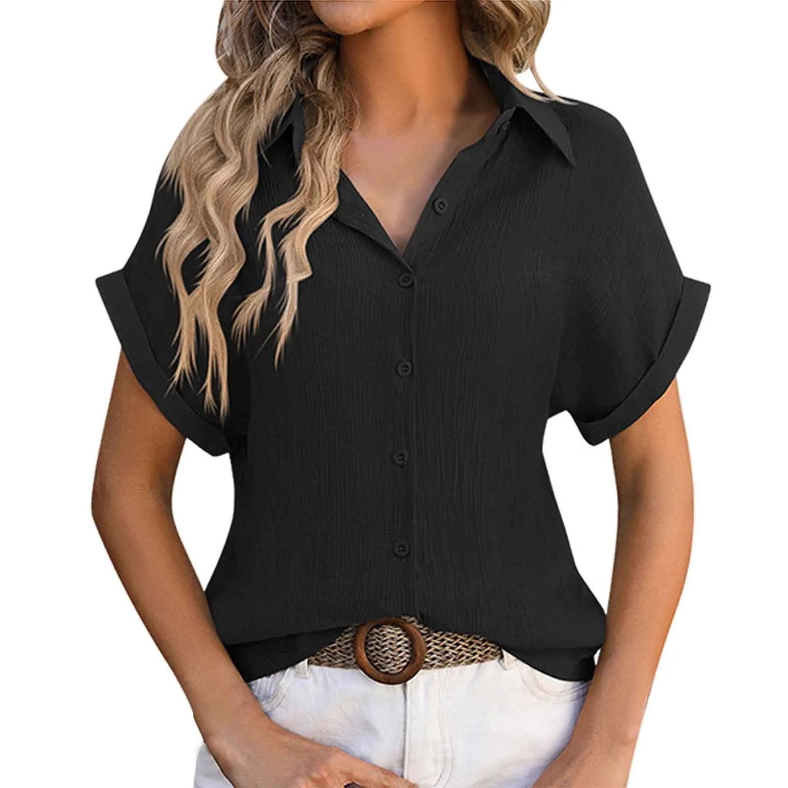 Summer Solid Color Shirts Women Cotton Linen Rolled Up Short Sleeve Slim Fit Tops Mujer Beach Style Leisure Buttons Up Blouse - The Eggy's store
