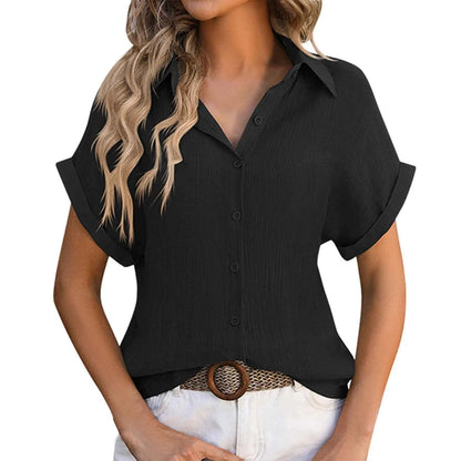 Summer Solid Color Shirts Women Cotton Linen Rolled Up Short Sleeve Slim Fit Tops Mujer Beach Style Leisure Buttons Up Blouse - The Eggy's store