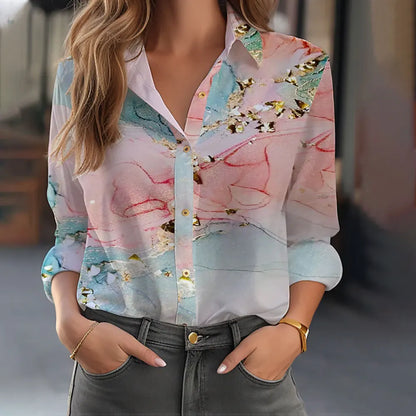 New Plus Size Floral Long Sleeve Blouse with Button Detail for Women