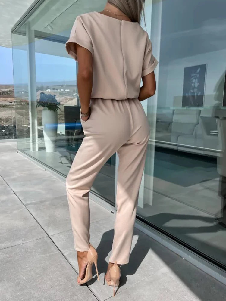 Women's Summer Jumpsuit Solid Color Short Sleeve V-neck Pocket Lace-up Pencil Long Pants - The Eggy's store