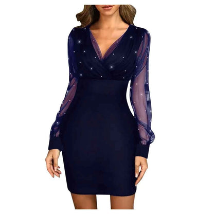 Fashion Evening Dress Wonen Cocktail Party Sexy Retro Elegant Dress With Sequins Female See Through Long Sleeve Wrap Hip Dress