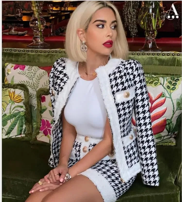 Houndstooth Skirt Suit - Two-Piece Blazer Set