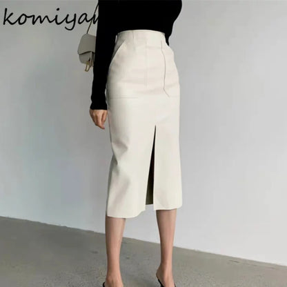 Slim Straight Faux Leather Skirt Women Chic Split Design Fashion - The Eggy's store