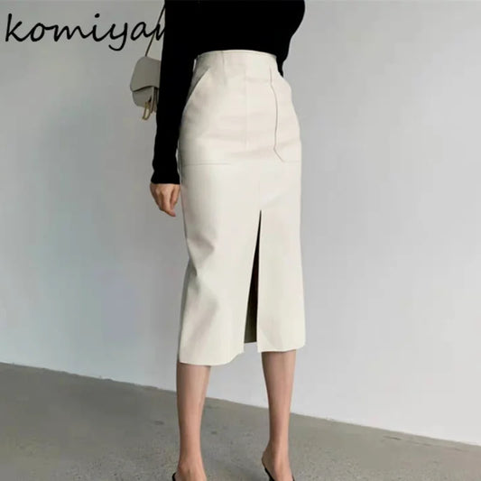 Slim Straight Faux Leather Skirt Women Chic Split Design Fashion