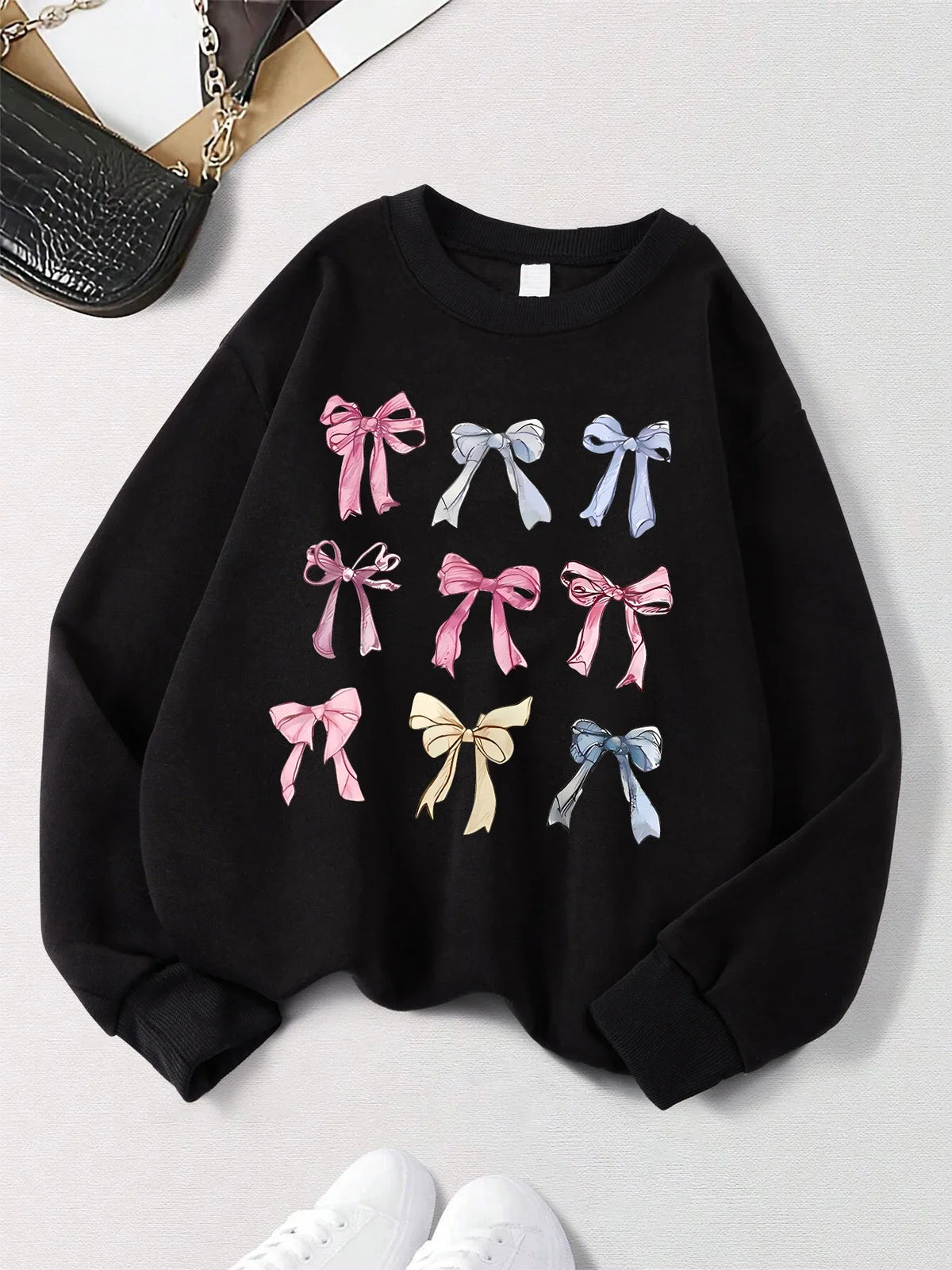 Retro Leopard & Bow Print Drop Shoulder Pullover Sweatshirt