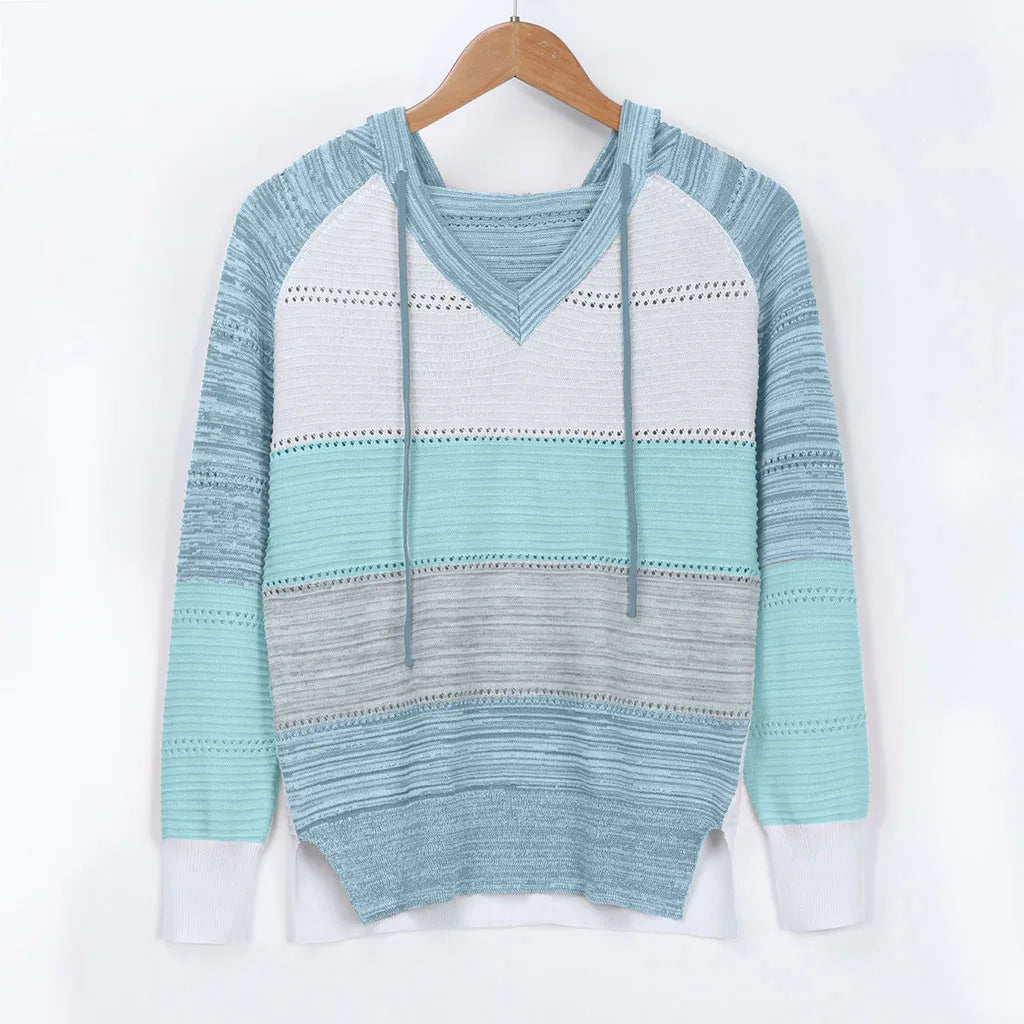 Plus Size 5XL Autumn Winter Women's Pullover Fashion Patchwork Long Sleeve Knit Sweater Tops Women Crochet Hollow Hooded Sweater - The Eggy's store