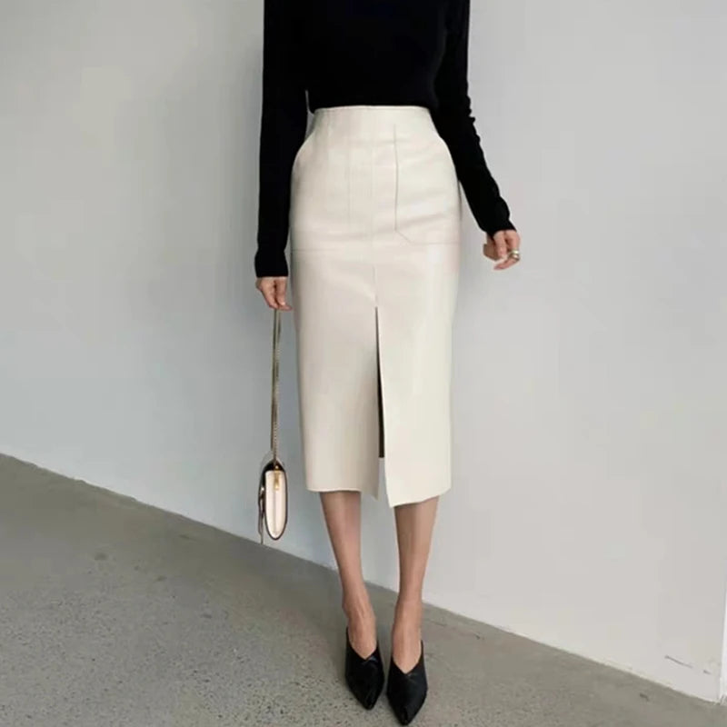 Slim Straight Faux Leather Skirt Women Chic Split Design Fashion - The Eggy's store