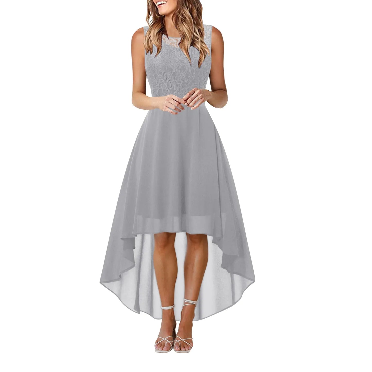 Lace Bow Belt Sleeveless Chiffon A-Line Dress