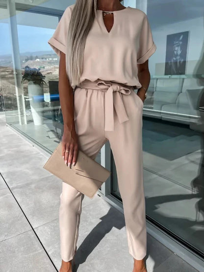 Women's Summer Jumpsuit Solid Color Short Sleeve V-neck Pocket Lace-up Pencil Long Pants - The Eggy's store
