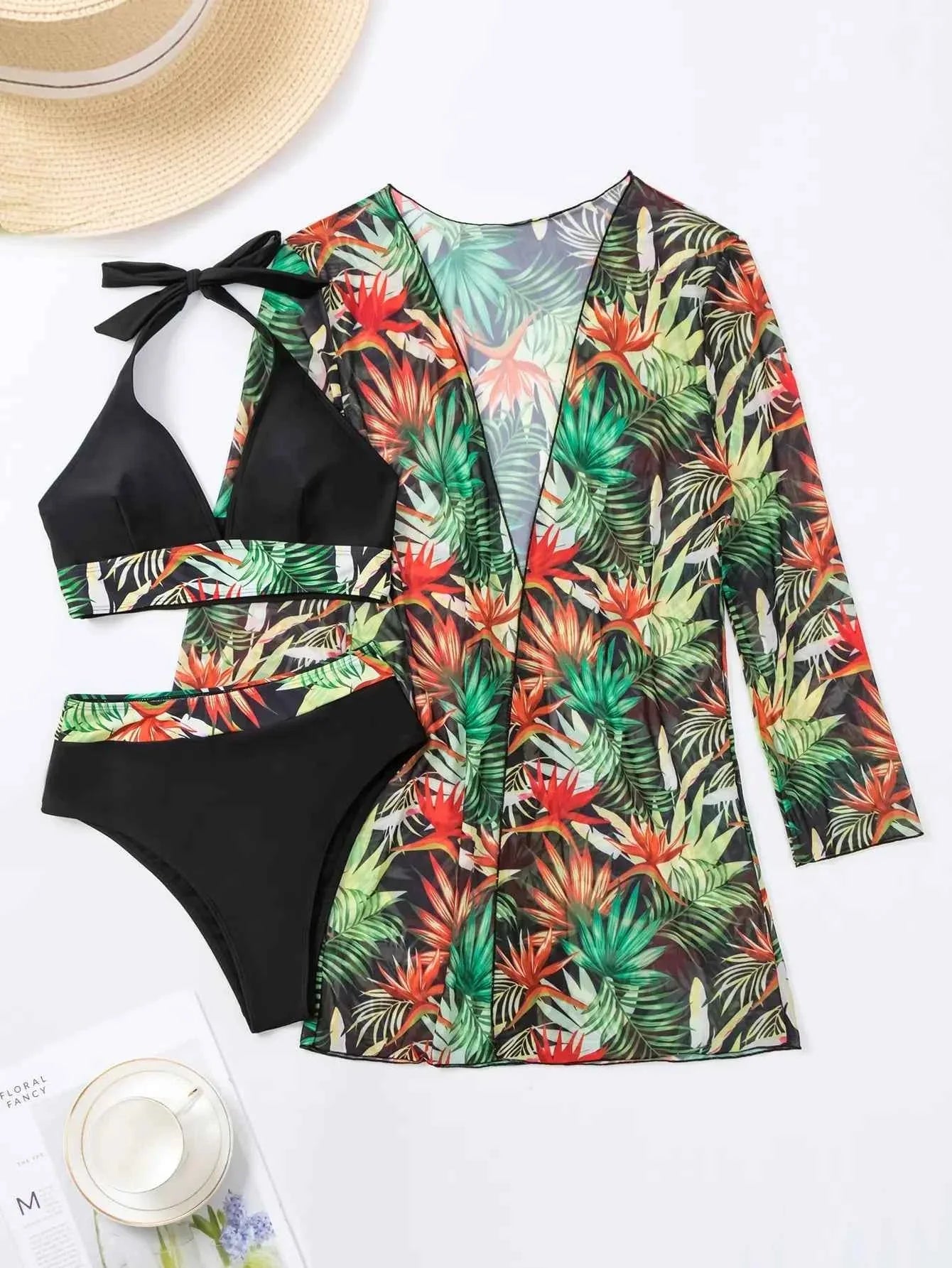 3-Piece Halter Bikini Set with Kimono Cover-Up