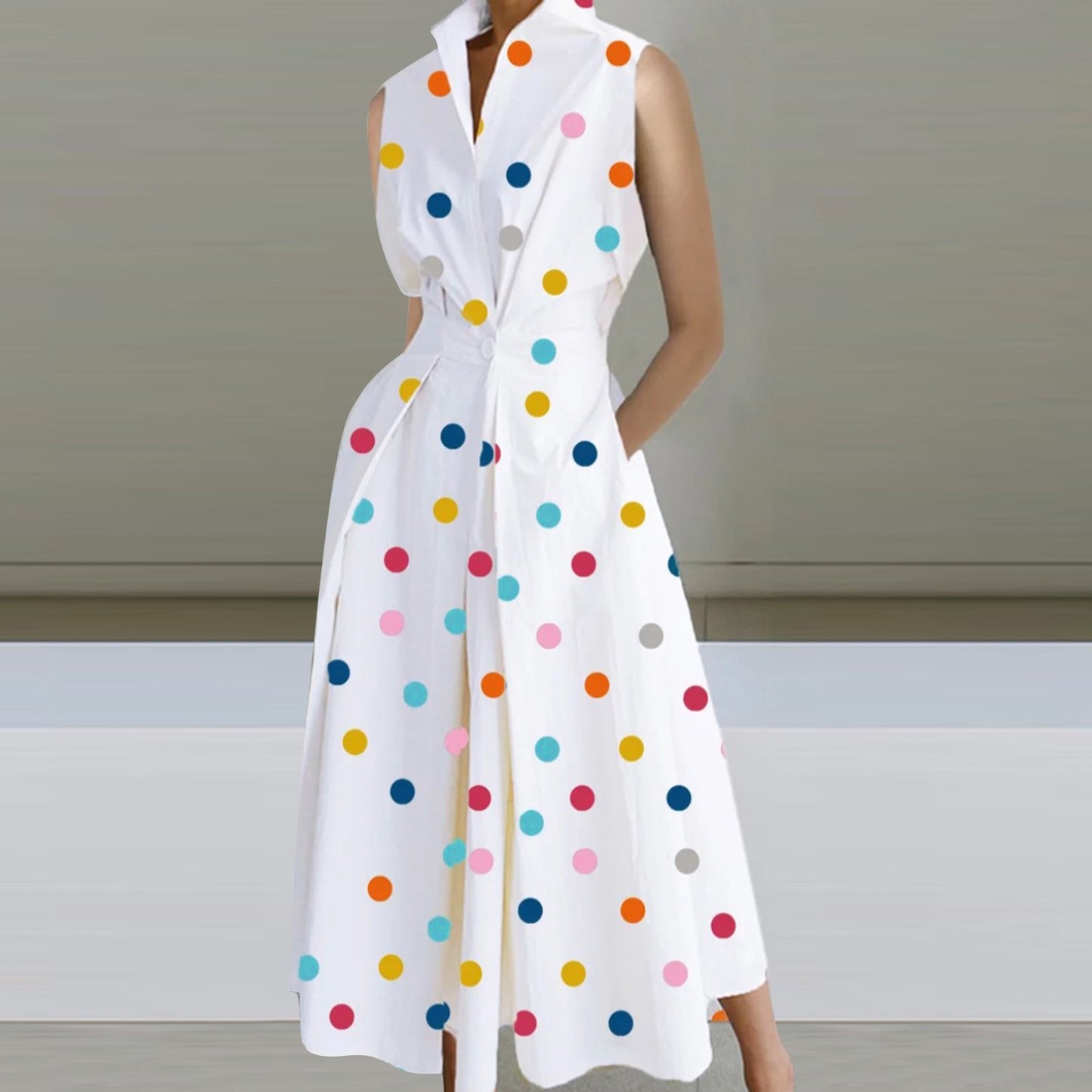Sleeveless Button Ruched Dress