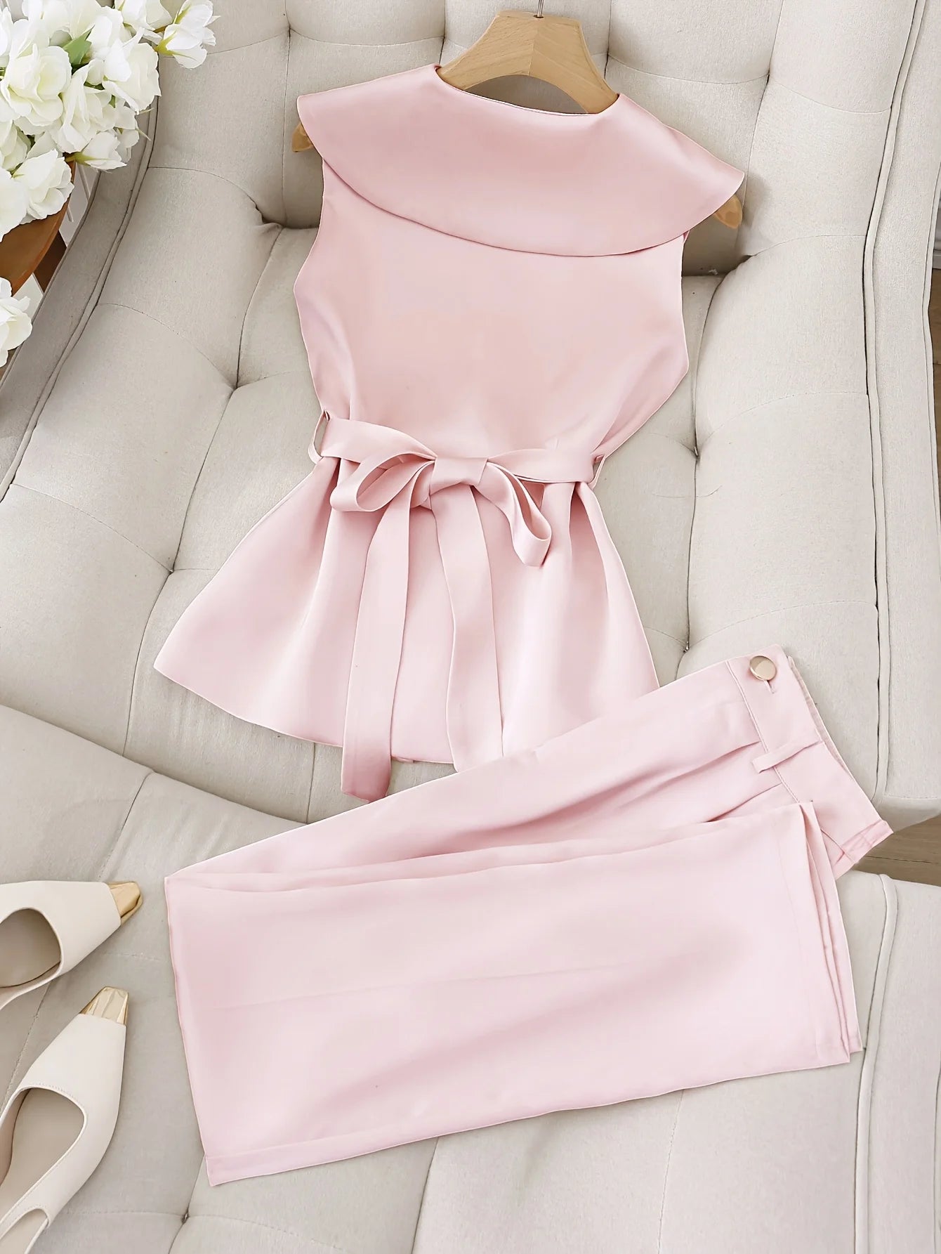 Sleeveless Two-Piece Set - Solid Color Top & Trousers