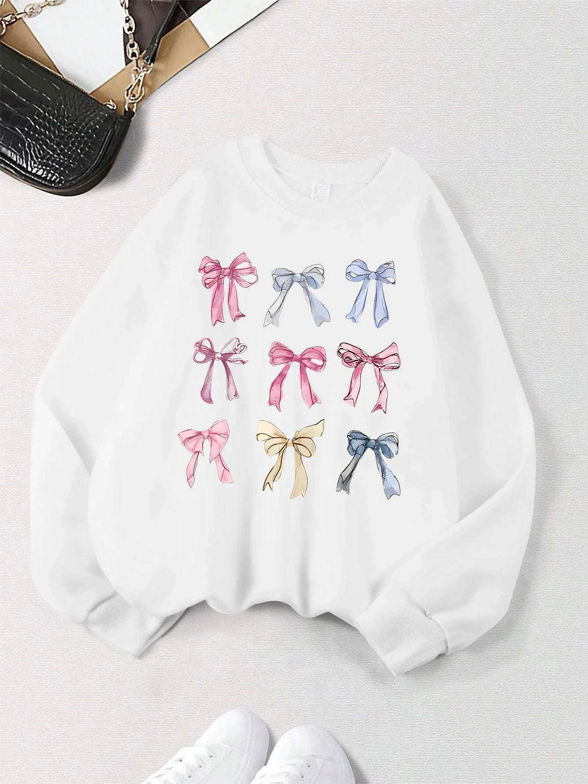 Retro Leopard & Bow Print Drop Shoulder Pullover Sweatshirt