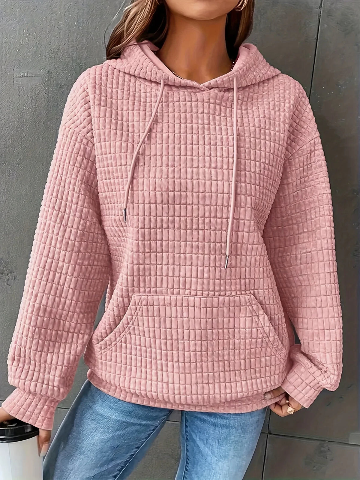 Short Length Waffle Knit Drawstring Hoodie