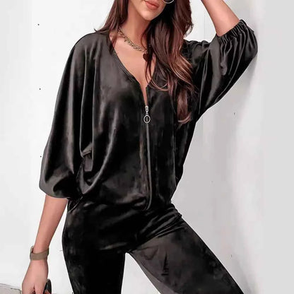 Golden Velvet with Zipper Long-sleeved Jogger Solid Color Casual Suit 2 piece  Set Loungewear