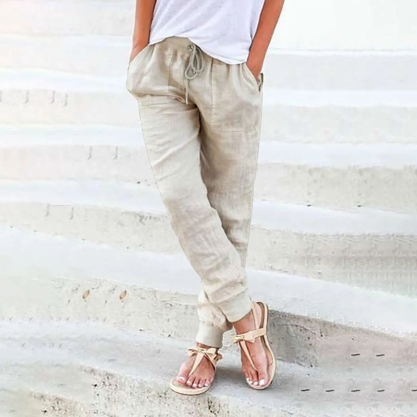 Cotton Linen Drawstring Cargo Pants