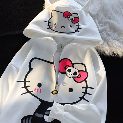 Sanrio Hello Kitty Hoodie Women's Top Zip-up Chic Printed Loose Adult Sweatshirt