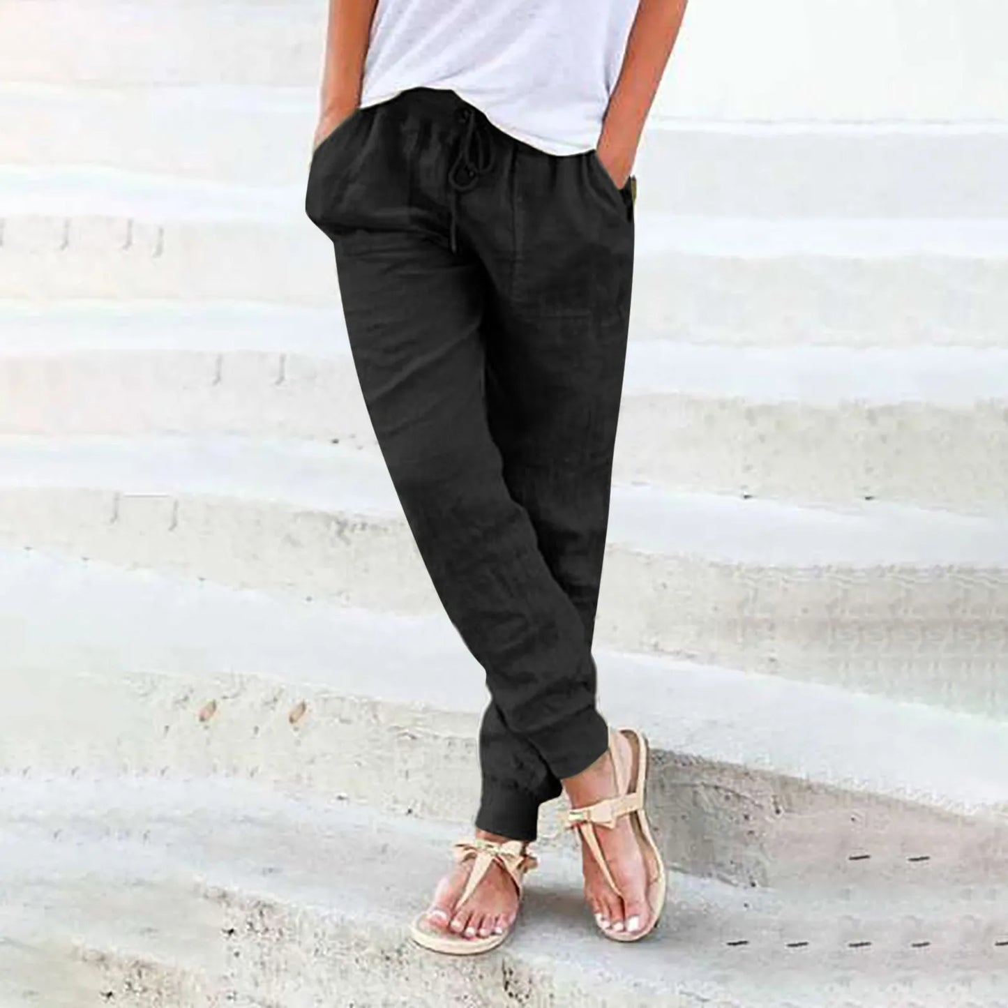 Cotton Linen Drawstring Cargo Pants