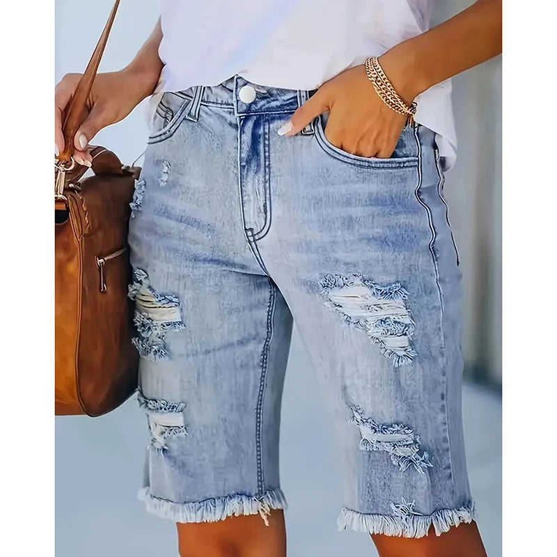 Women Chic Slim Fit Thin Shorts Lady Ripped Designer High Waist Denim Shorts