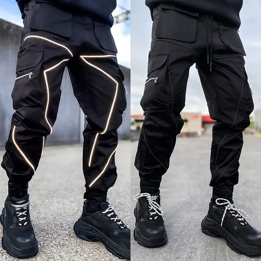 Men's Oversize Cargo Pants Black Striped Pocket Sweatpants Gym