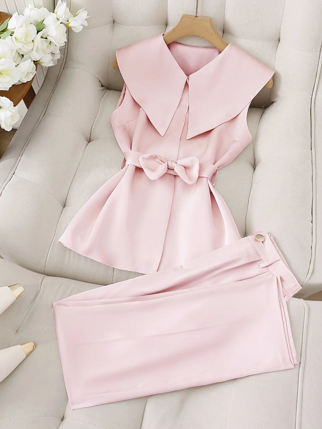 Sleeveless Two-Piece Set - Solid Color Top & Trousers