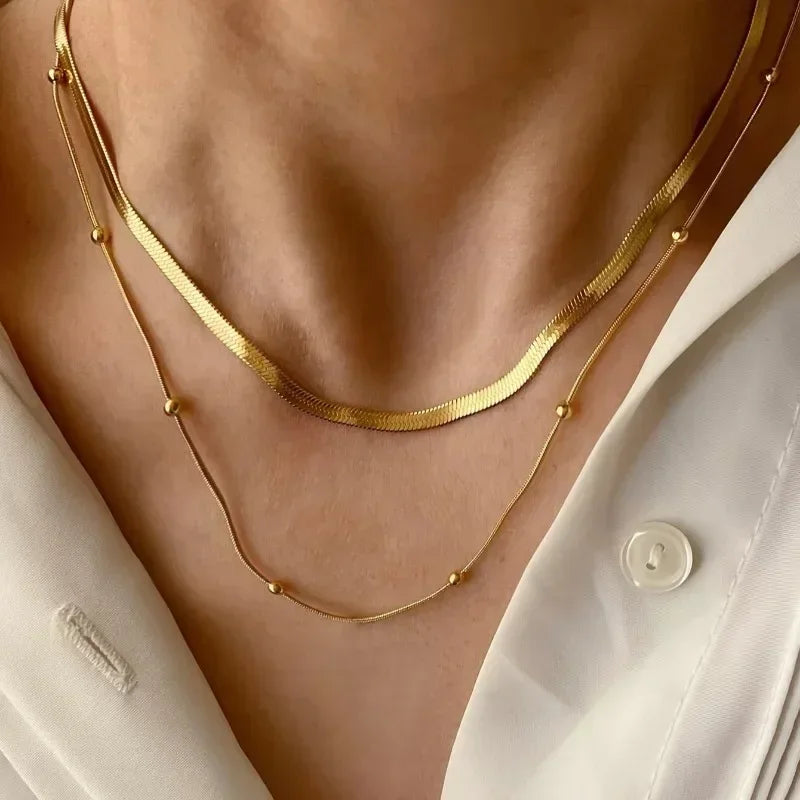 Gold Double Layer Round Bead Chain Necklace – Stainless Steel Pendant
