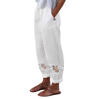 Cargo Pants Streetwear Women Loose Lace Cotton Solid Cropped Elastic Waist Trousers Women's Casual Pants