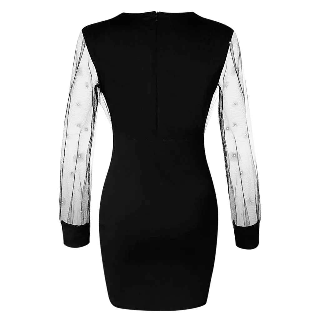 Fashion Evening Dress Wonen Cocktail Party Sexy Retro Elegant Dress With Sequins Female See Through Long Sleeve Wrap Hip Dress