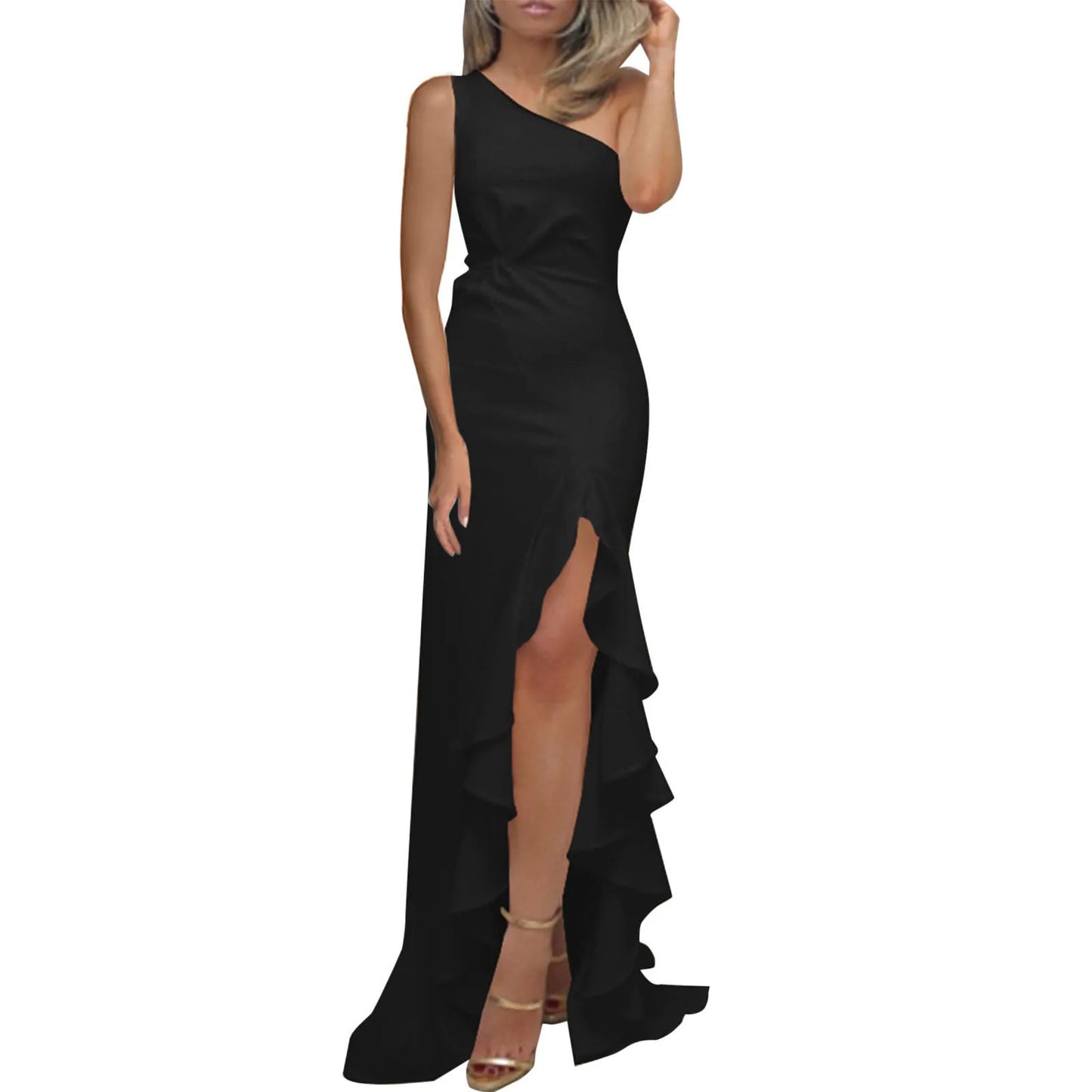 Ladies Sexy Slash Neck Ruched Evening Dresses Women Irregular Ruffles Formal Dress Slim Bodycon Solid Prom Dresses Evening Party - The Eggy's store