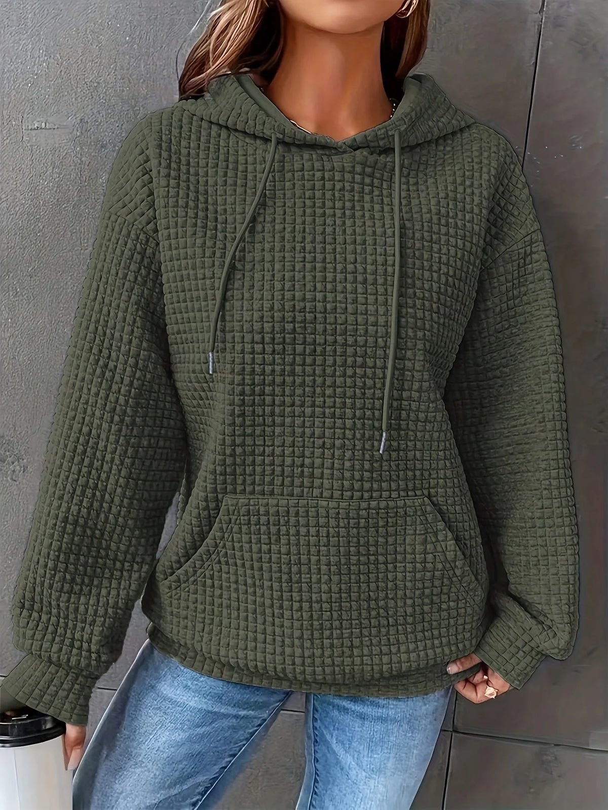 Short Length Waffle Knit Drawstring Hoodie