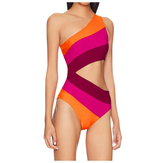 One-Shoulder Color Block Swimsuit Set - Halter Style