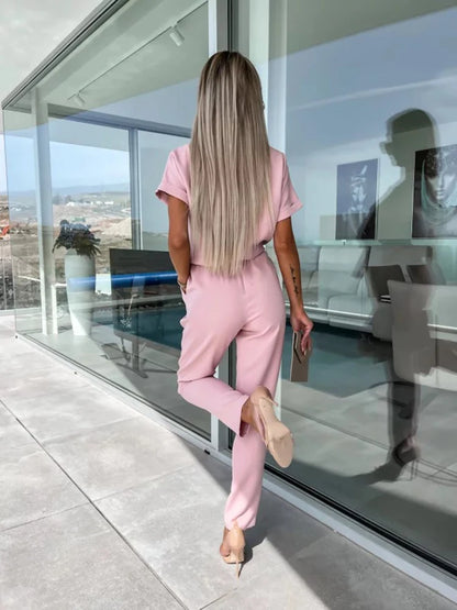 Women's Summer Jumpsuit Solid Color Short Sleeve V-neck Pocket Lace-up Pencil Long Pants - The Eggy's store