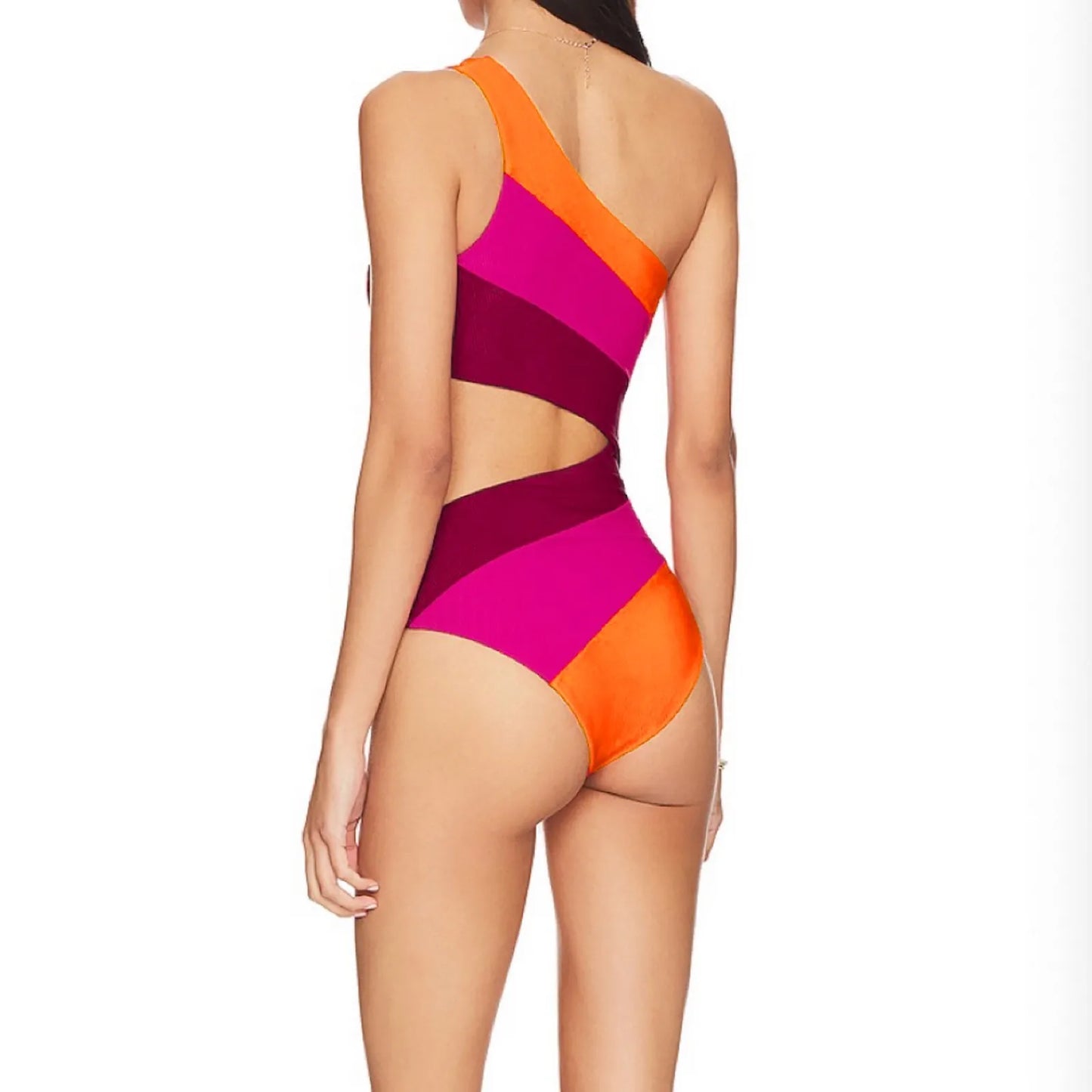 One-Shoulder Color Block Swimsuit Set - Halter Style
