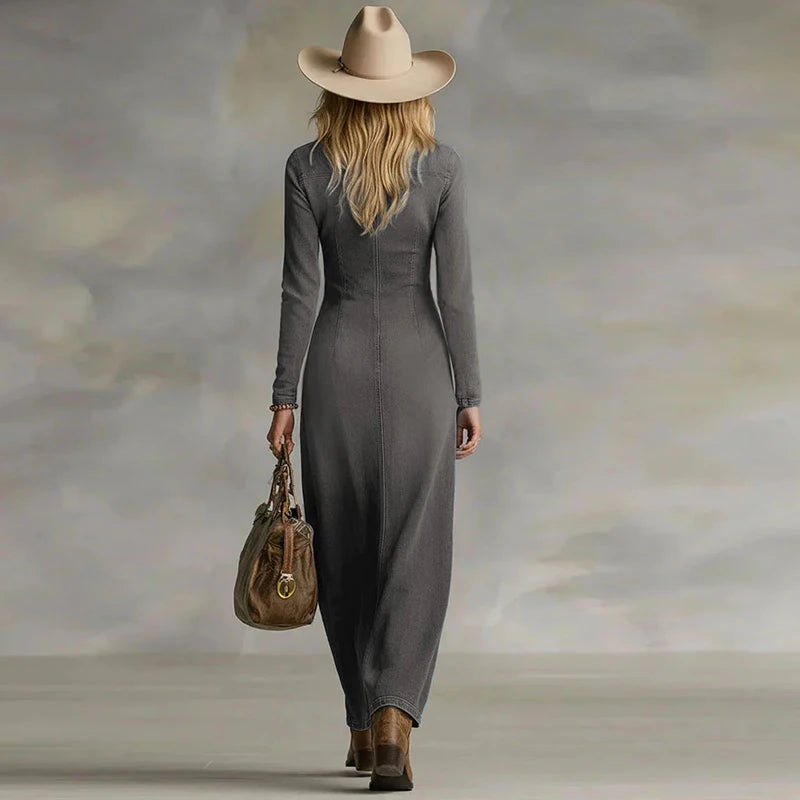 V-Neck Long Sleeve Denim Midi Dress