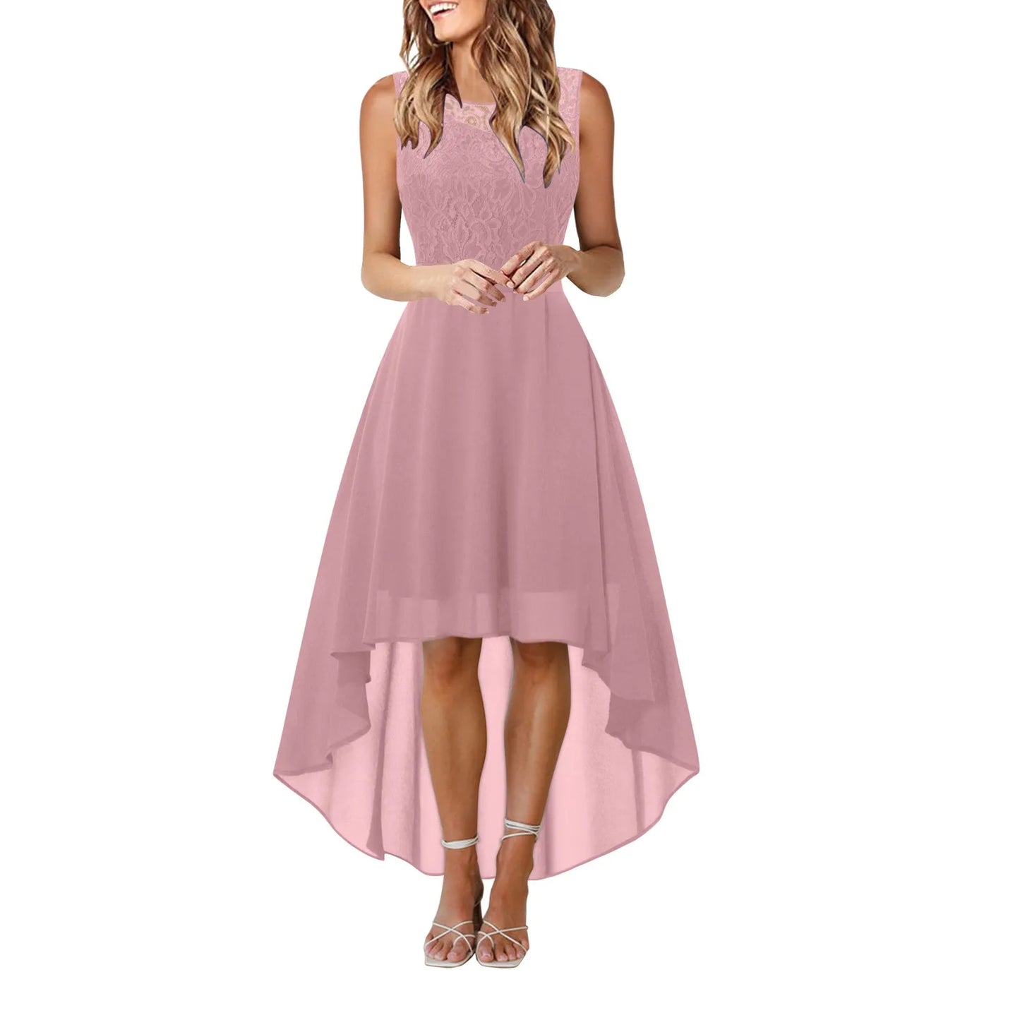 Lace Bow Belt Sleeveless Chiffon A-Line Dress