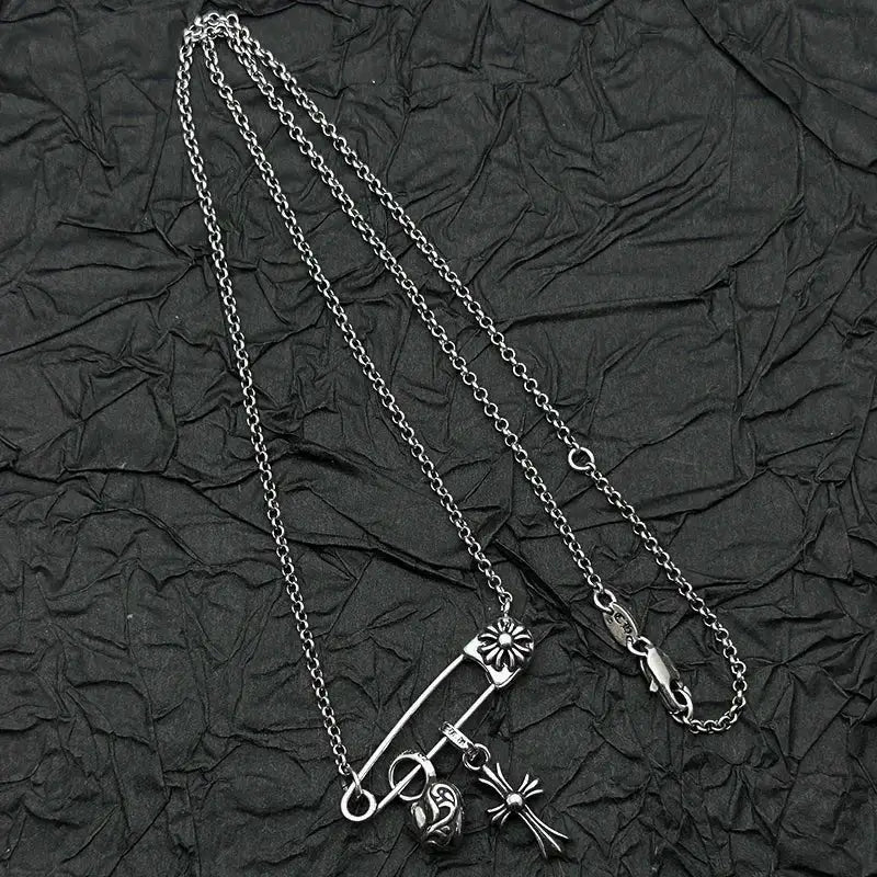 S925 Sterling Silver Peach Heart Cross Pin Necklace