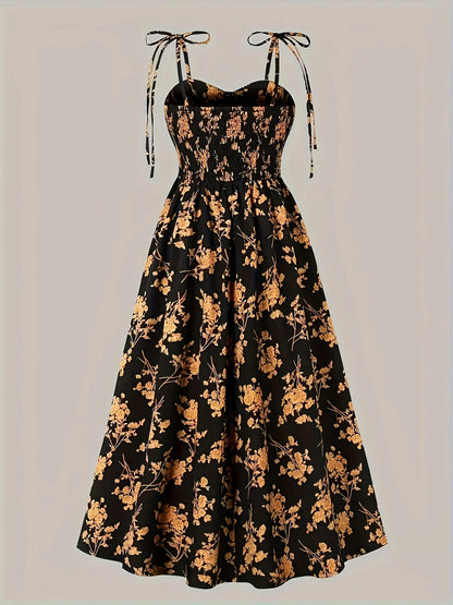 European and American Fashion Flower Print A-Line Dress with Shoulder Ties and Slit - The Eggy's store
