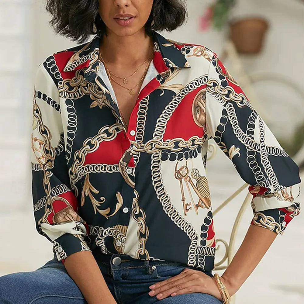 New Plus Size Floral Long Sleeve Blouse with Button Detail for Women