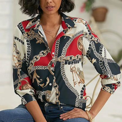 New Plus Size Floral Long Sleeve Blouse with Button Detail for Women