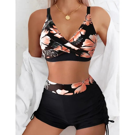 Floral Print Cross Strap Backless Bikini Set
