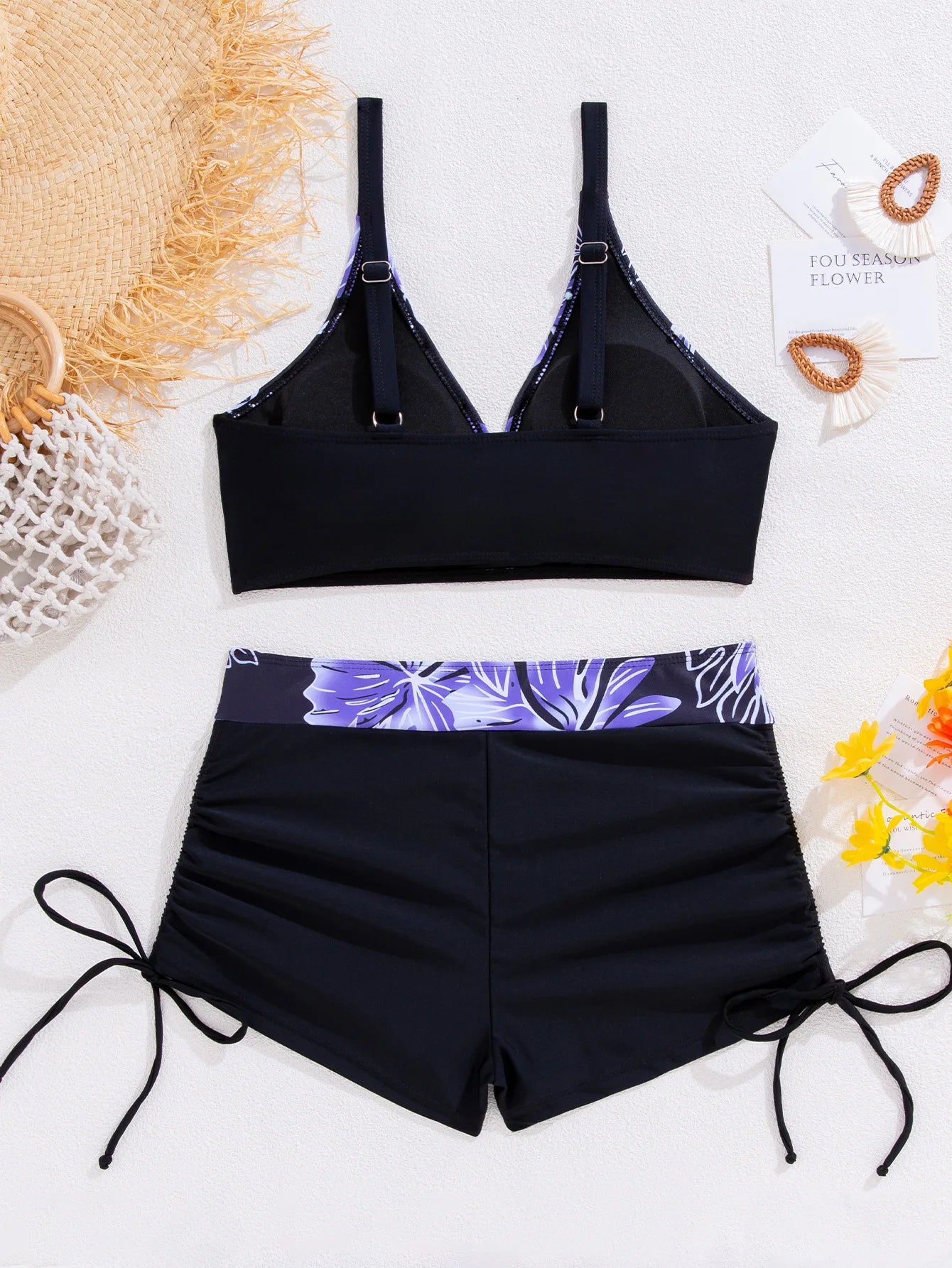 Floral Print Cross Strap Backless Bikini Set
